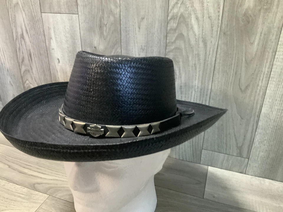 Sombrero de Vaquero Harley Davidson Talla Pequeña Logo Paja Tachonado Banda Hecho en EE. UU. Foto 4 de 4