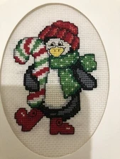 COMPLETED FINISHED CROSS STITCH CARD "CHRISTMAS PENGUIN”