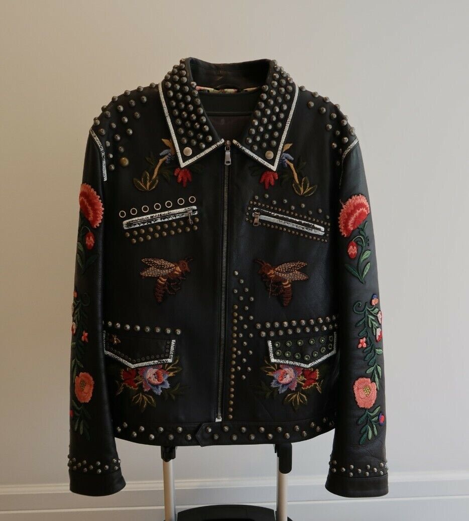 AUTHENTIC Gucci Mens Black Floral Leather Embroirdery Embellished Studded  Jacket