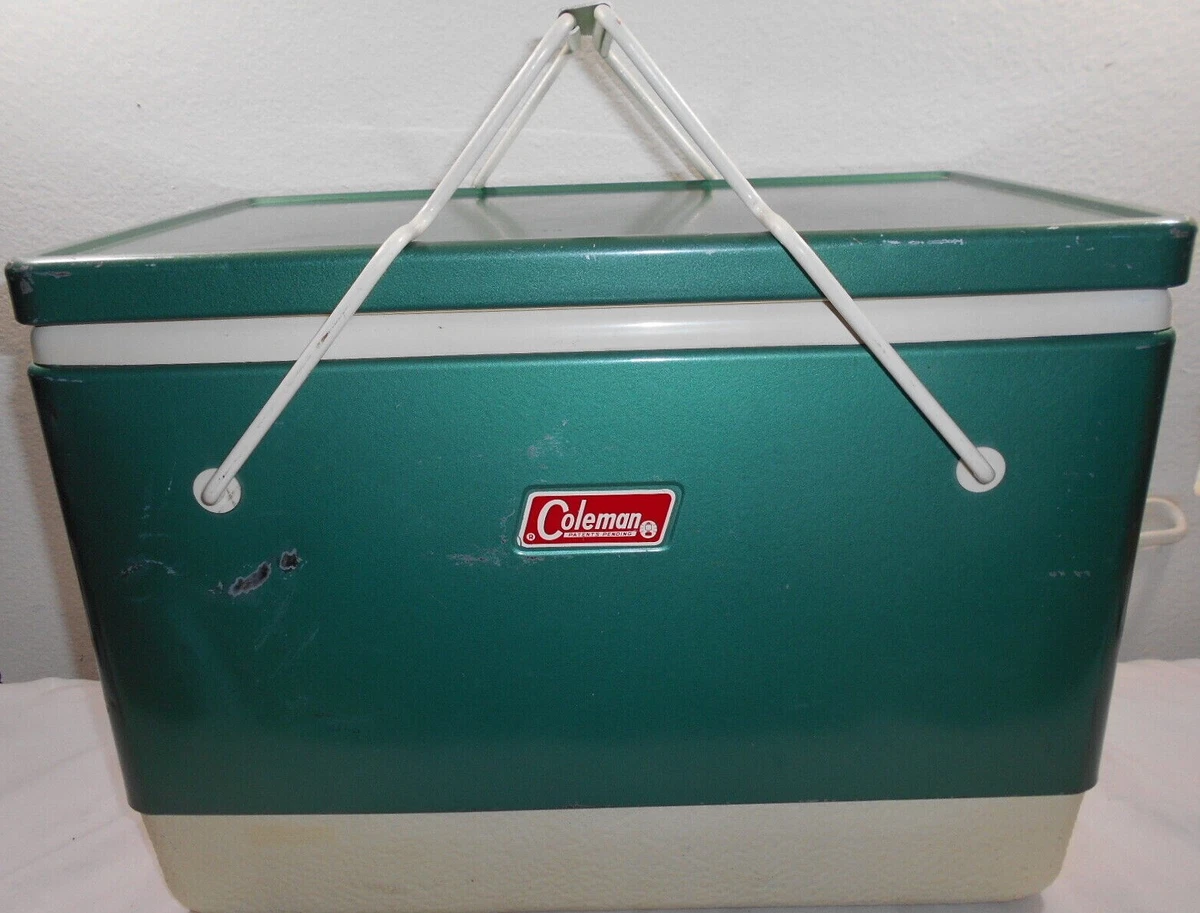 Vintage 1971 Coleman Green Metal Cooler with Folding Handles Picnic Camping