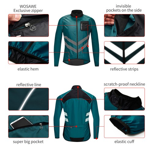 WOSAWE Men Windproof Cycling Jacket MTB Bike Ride Jersey Hi-Viz Reflective Coat - Picture 3 of 17