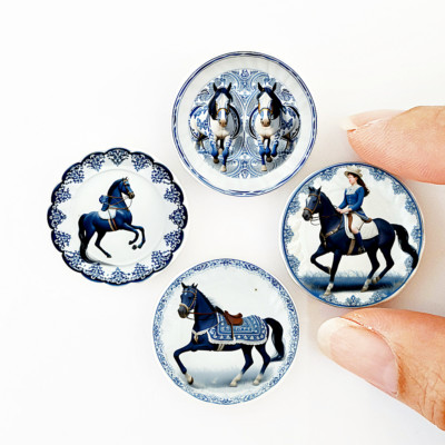 Miniature Ceramic Plates 4Pc Blue Delft Horse Design 1:12 Scale Dollhouse Decor