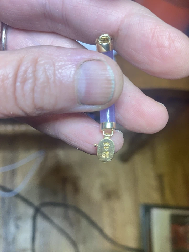 "Pulsera de jadeíta lavanda cilíndrica de oro amarillo macizo de 14K cierre de filigrana 7,1/16""" Foto 4 de 4