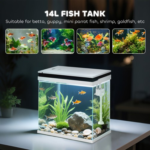 PawHut 14L Piccolo Serbatoio per Pesci con Sistema di Filtraggio, Luci LED, Pompa Acqua, Bianco - Foto 7 di 11