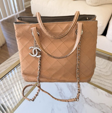 CHANEL Brown Quilted Small Tote Bag Chain Str...
