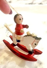 Vintage Wooden Rocking Horse Ornament Child Rider Hand Painted 1980s Christ