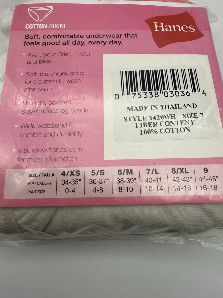 NUEVO 1995 Vintage Hanes Her Way 3 Calzoncillos Blancos 100% Algodón Talla 7 Foto 3 de 3
