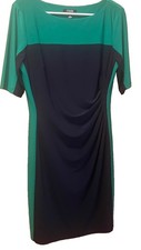 Chaps Women's Size L Navy Blue Emerald Green Colorblock Ruched Sheath Midi Dress