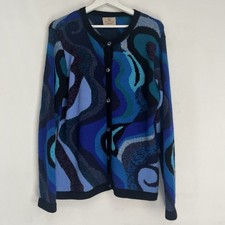 Spirit of the Andes Blue Alpaca Cardigan M UK 12 Abstract Knit Peru Boho Retro