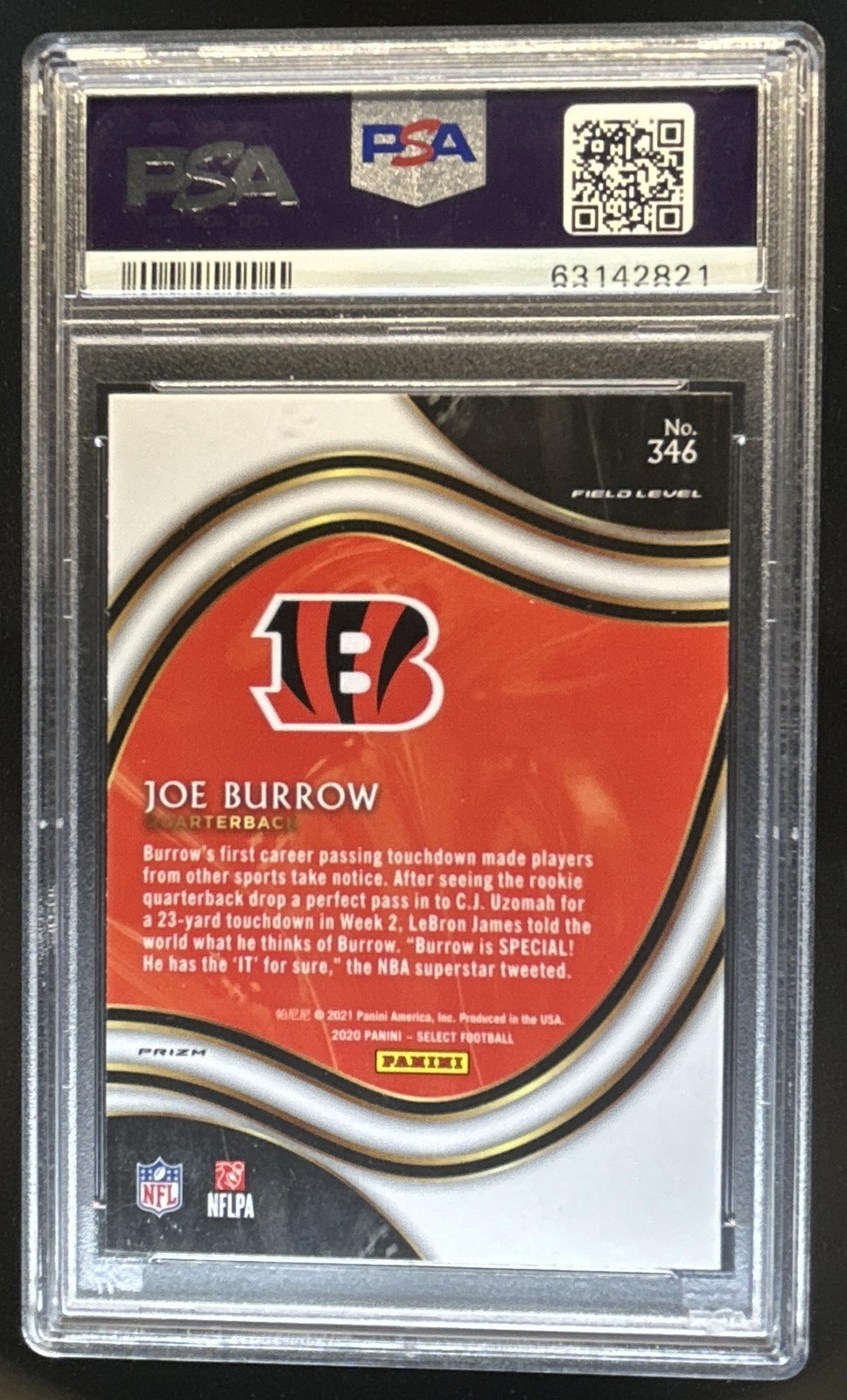 2020 Panini Select Joe Burrow Disco Prizm Field Level RC #346 Bengals PSA 10 view 2