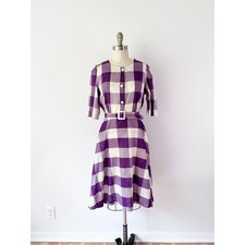 SIZE L 1960s Plaid Cotton Day Dress, Purple, Flecked Shirt Dress, Vintage