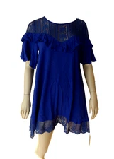 Umgee Royal Blue Boho Babydoll Swing Slip Sundress Lace A-line Dress Sz L EUC