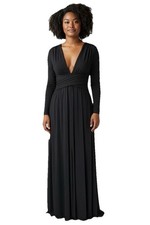 Halston Heritage Black Maxi Dress Ruched  Georgette Knit Gown Deep Vee Sz Large
