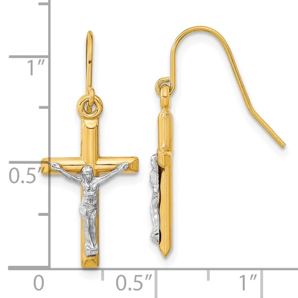 10k Two-tone Gold 28.7mm Polished Crucifix Dangle Earrings - Image 4 of 4