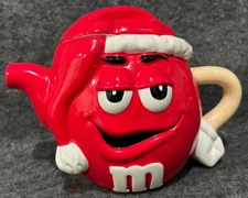 M&Ms Christmas Ceramic Candy Jar Tea Pot w/Lid RED M&M Character *RARE Vintage*