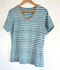 Denim & Co D &Co Women's Blue Turquois Stripe Top Stretch Aztec V-Neck T-Shirt M
