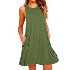 Womens Summer Dress Sleeveless Casual Loose Sundress With Pockets Solid O Neck