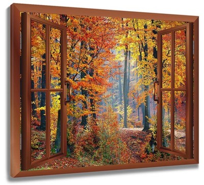 Window Orange Maple Leaf Autumn Forest Canvas Wall Art for Bathroom Living Room