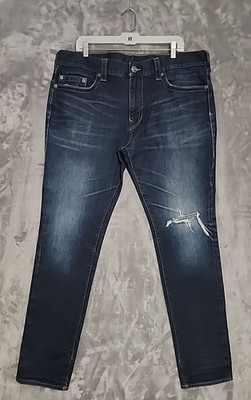True Religion Mens Rocco Jeans 40 Blue Dark Wash Distressed Relaxed Skinny