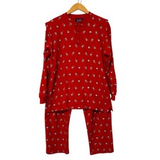 Nick Nora Waffle Knit Pajamas Red Henley Neck Dogs Cats Size S Elastic Waist