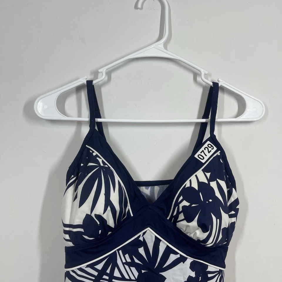 Caribbean Joe Tankini Swimsuit Top Womens 12 Blue White Floral Vacation Beach - Image 3 of 4