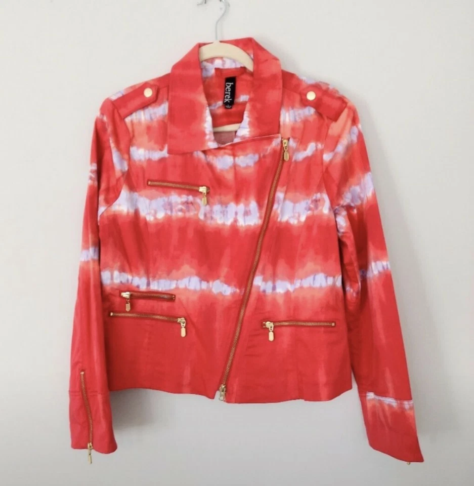 Berek Red Pink Coral Tie Dye Striped Moto Biker Jacket L Colorful Boho Foto 2 de 4