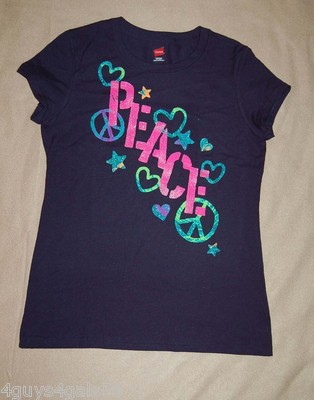 Girls Tee Shirt NAVY BLUE CAP SLEEVE Glitter HEARTS PEACE SIGN