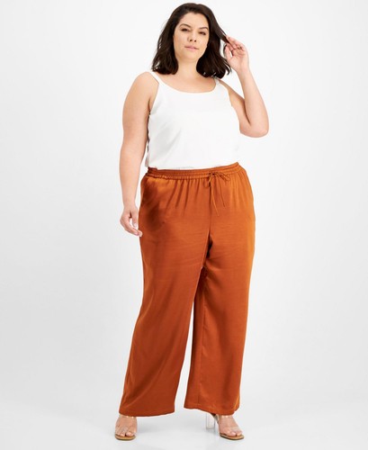 Bar III Womens Plus Size Satin Drawstring Pants 10836622 Rich Carmel Brown 3X - Picture 1 of 2