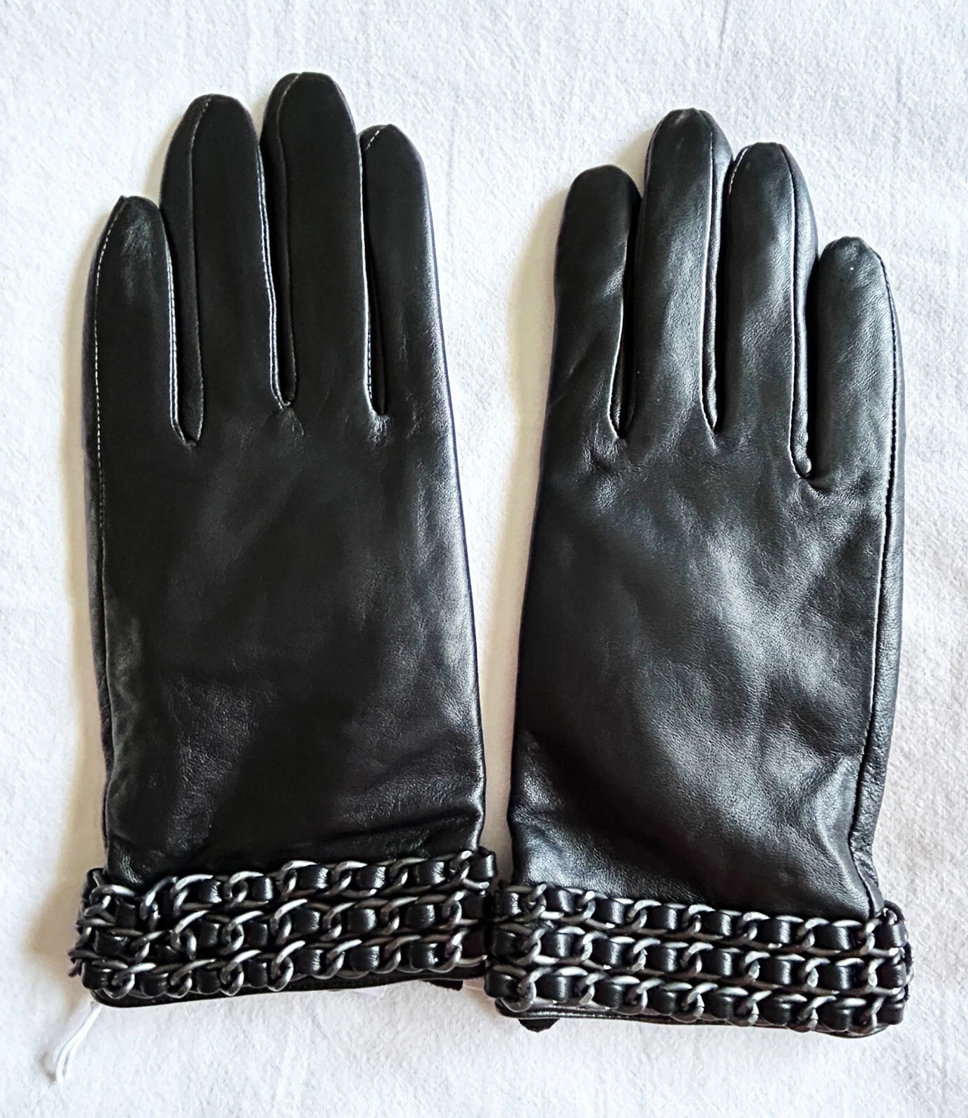 Chico's Black 100% Leather Gloves with Gunmetal Chain Accent Cold Weather NWT