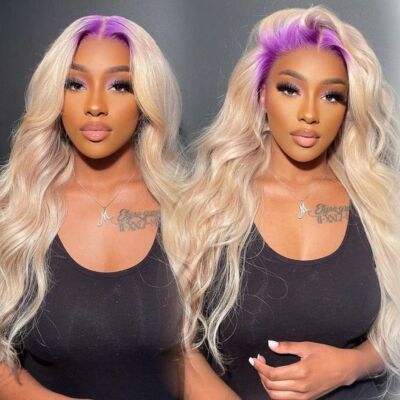 Purple Root Ombre Blonde Long Wave 13x4 T Part Lace Front Remy Human Hair Wig US