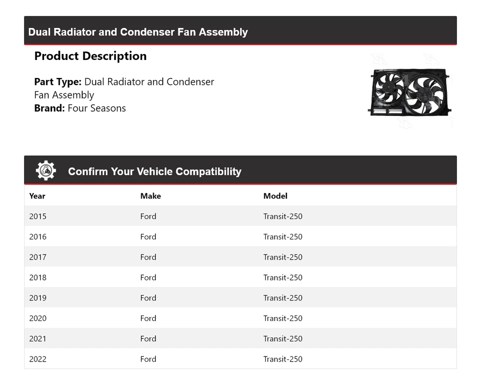 Para 2015-2022 Ford Transit-250 conjunto de ventilador condensador radiador duplo 4 mares - Imagem 2 de 4