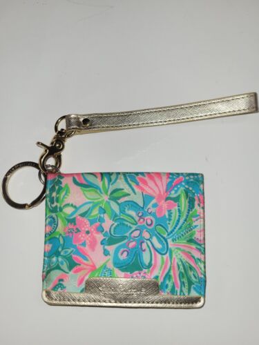 Lilly Pulitzer Pink Green Floral Print, 4” x 3.5” Snap Card Wallet With Keyring