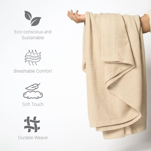 Luxury Cotton Blanket King Size – Soft & Breathable Herringbone Weave – Light... - 第 5/10 張圖片