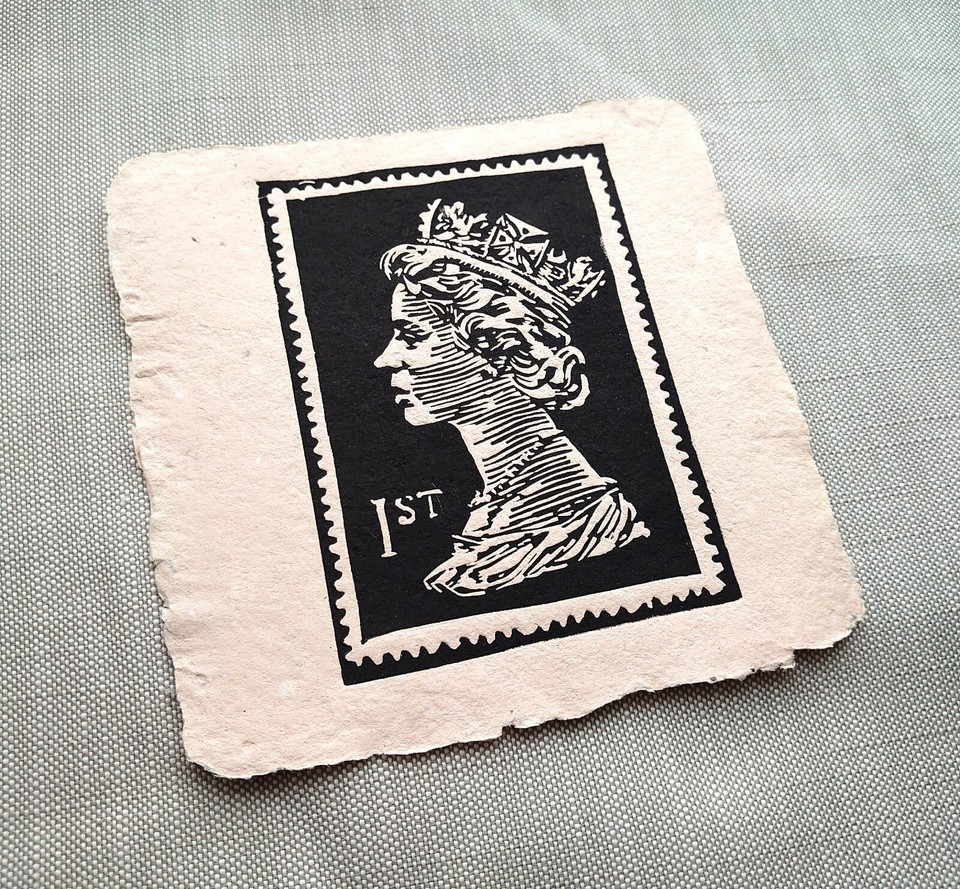 Wall art Queen Elizabeth II Stamp Linocut Original Print coronation