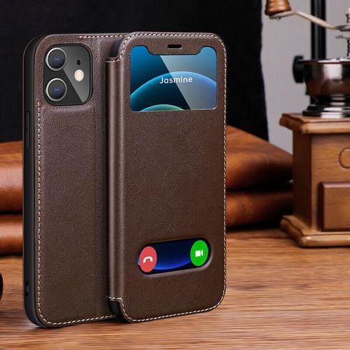 Real Genuine Leather Wallet Flip Window Case Cover For iPhone 16 15 14 13 12 - Picture 10 of 20