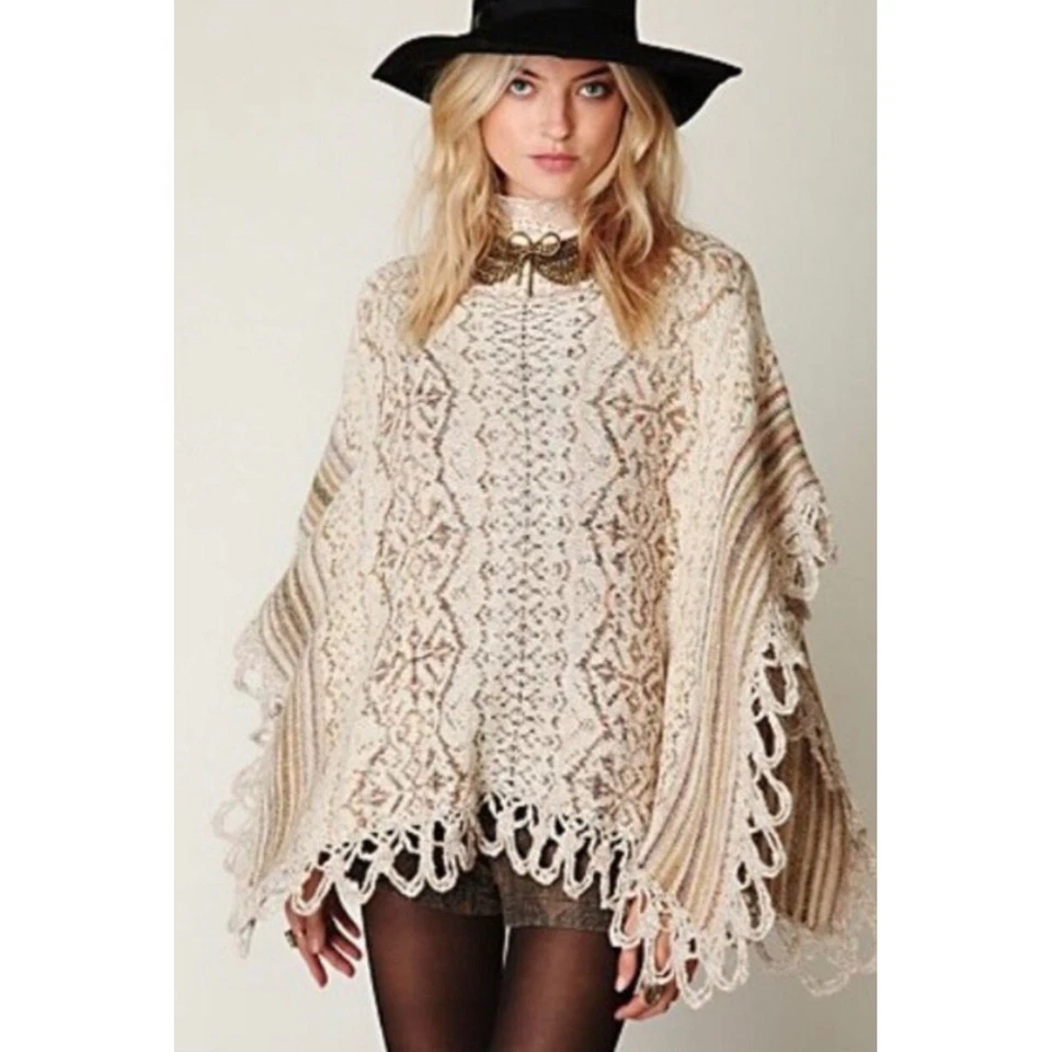 Poncho Free People Casablanca Capa Suéter Lana Seda Lino Mezcla Alpaca S Boho Foto 2 de 4
