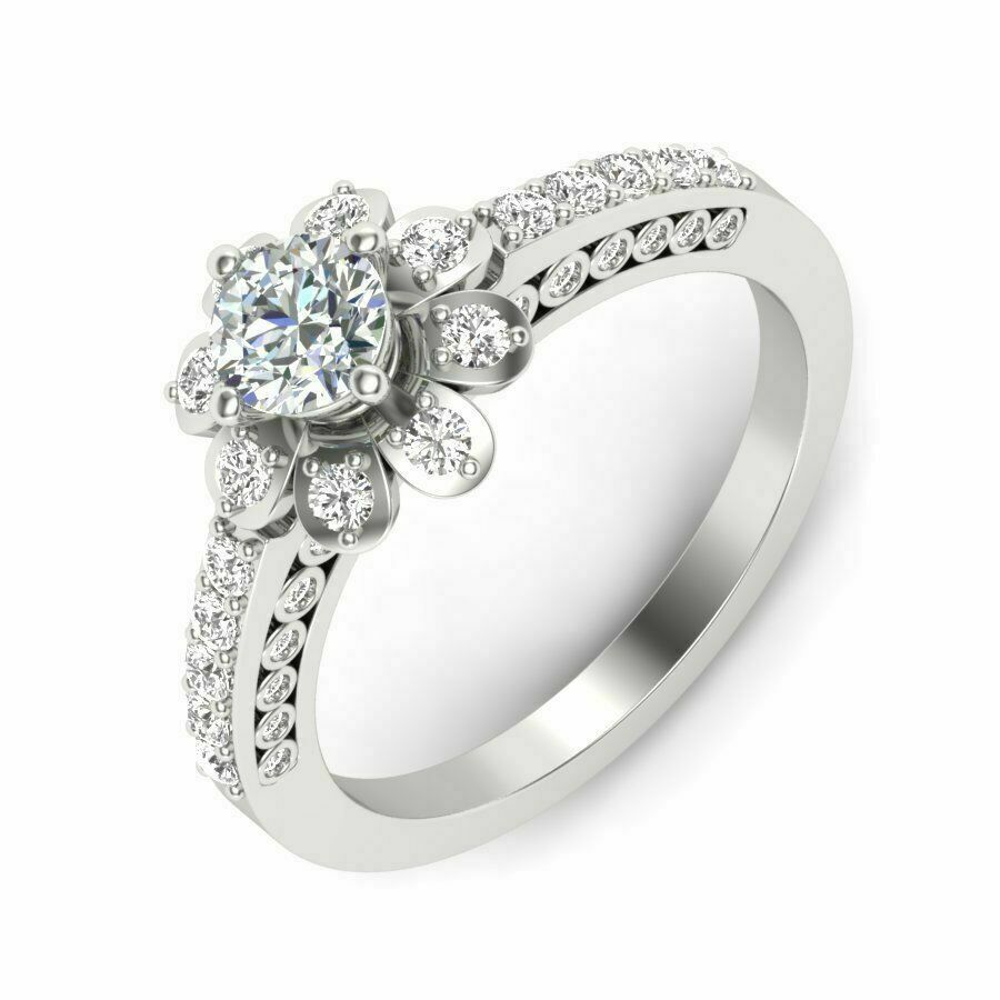 1Ct Simulated Diamond Flower Engagement Ring Solid 14K White Gold Plated Silver