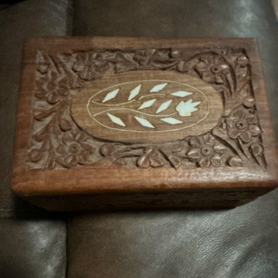 Hand-Carved Wood Floral Pattern with Inlay Rectangular Trinket Box 