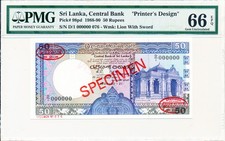 Central Bank Sri Lanka 50 Rupees 1989 Specimen Printer s Design PMG  66EPQ