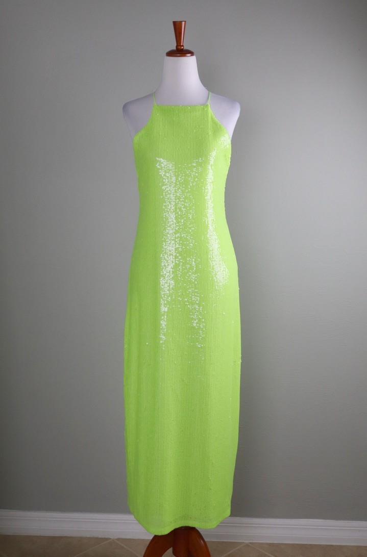 ZARA Neon Tennis Green Sequin Embellished Midi Slip Cami Dress Size Small