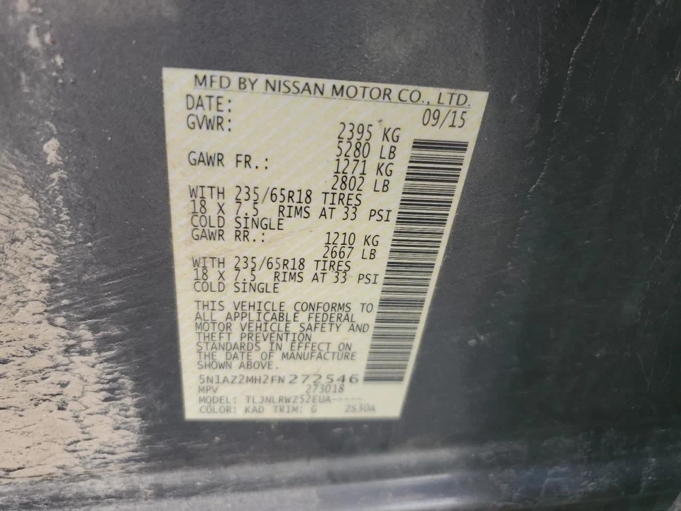 2015 Nissan Murano Trunk Lid Power Liftgate Gray Used Local Pick Up Only Foto 4 de 4