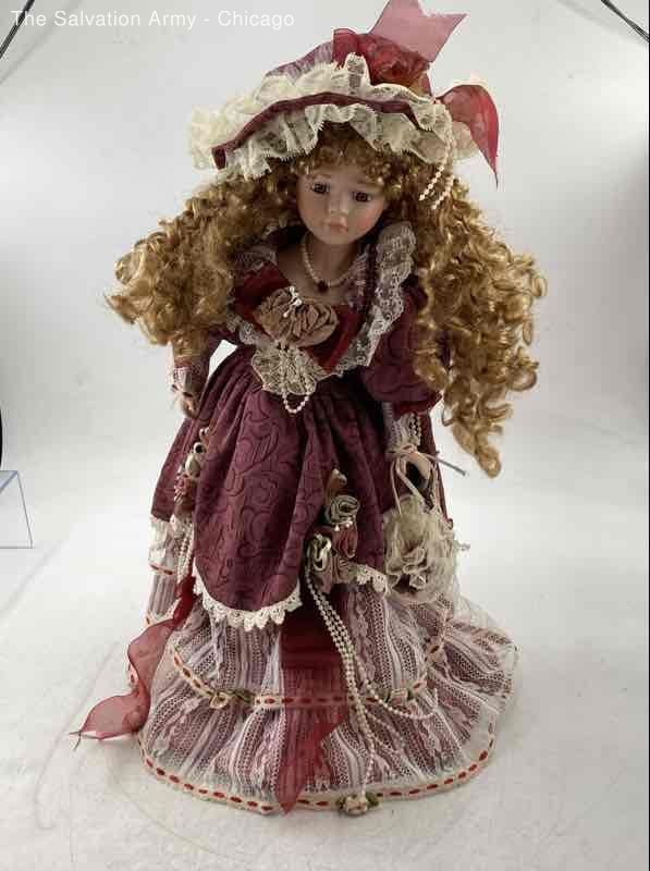 Antique Duck House Blonde Curly Hair Burgundy Lace Outfit Girl Porcelain Doll