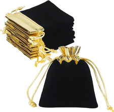 Velvet Jewelry Bags 3x4 inch, 20pcs Black Gold Cloth Drawstring Pouches for S...