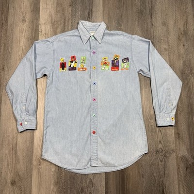 Vintage Warner Bros. Light Denim Embroidered Button Up Shirt Men s XL Characters