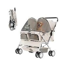 Double Pet Stroller, Foldable Stroller for 2 Dogs & Cats, Two-Seater Carrier ...