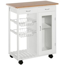 HOMCOM Carrello da Cucina in Legno Bianco con Ruote Cassetti Cesti e Armadietto