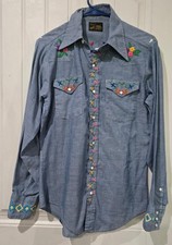 70's Western Wear Chambray Shirt Embroidered Floral Pearl Snap Sears Rare SMALL 