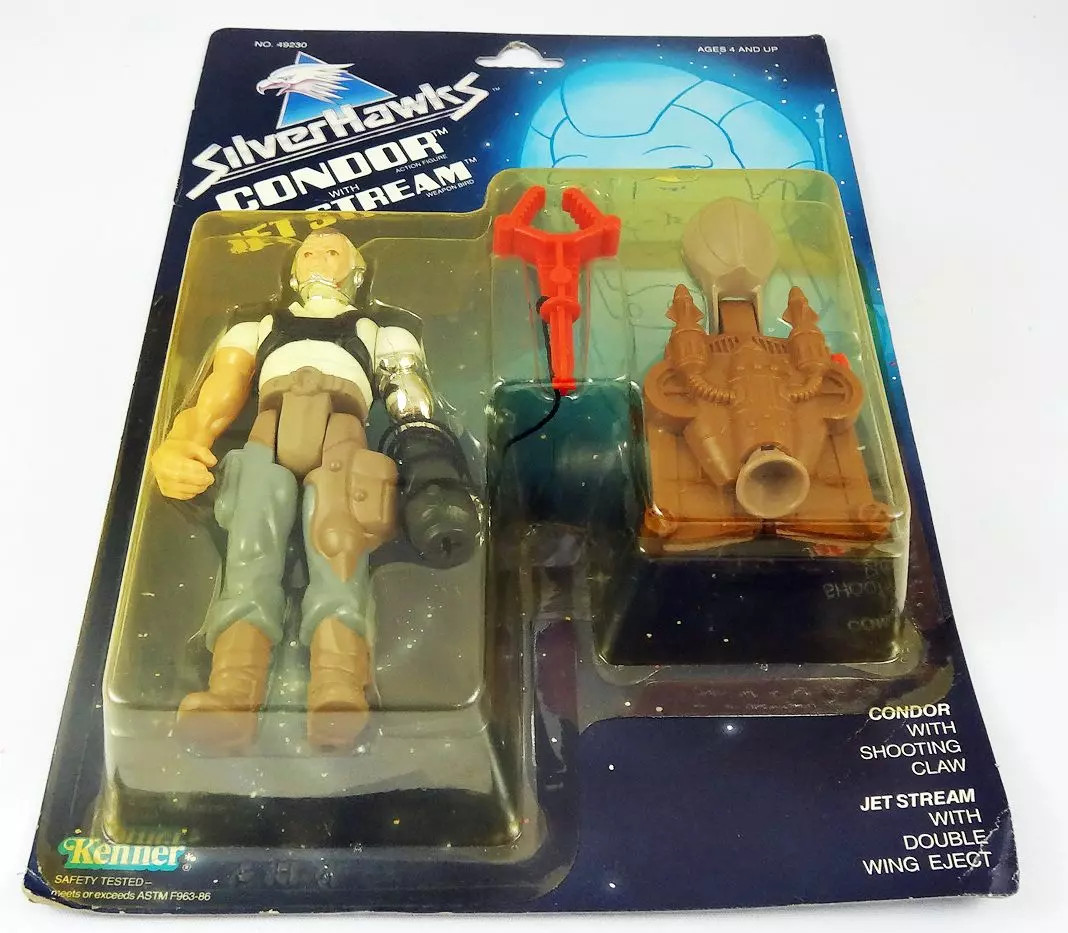 Jouets Silverhawks Kenner Condor et Jet Stream pour décorer une vitrine rétro