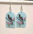 NEW Pastel Blue Acrylic Bird &Floral Paint Pendant Drop Dangle Hook Earrings