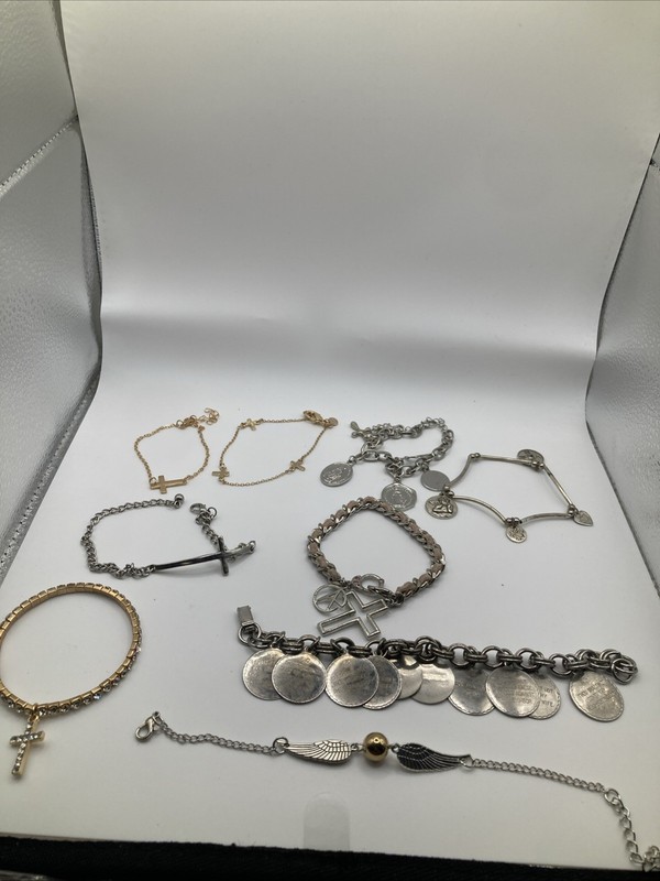 Lot Of 9 Mixed Christian Cross Dangling Charm Metal Religious Bracelets